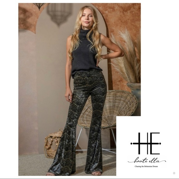 BoHo Wide Leg Flare Lace Printed Velvet Chic Pants - Picture 5 of 10